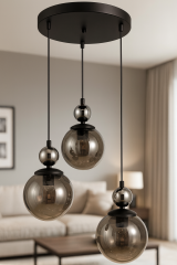 Mira 3'lü Siyah Krom Füme Camlı Sarkıt Avize