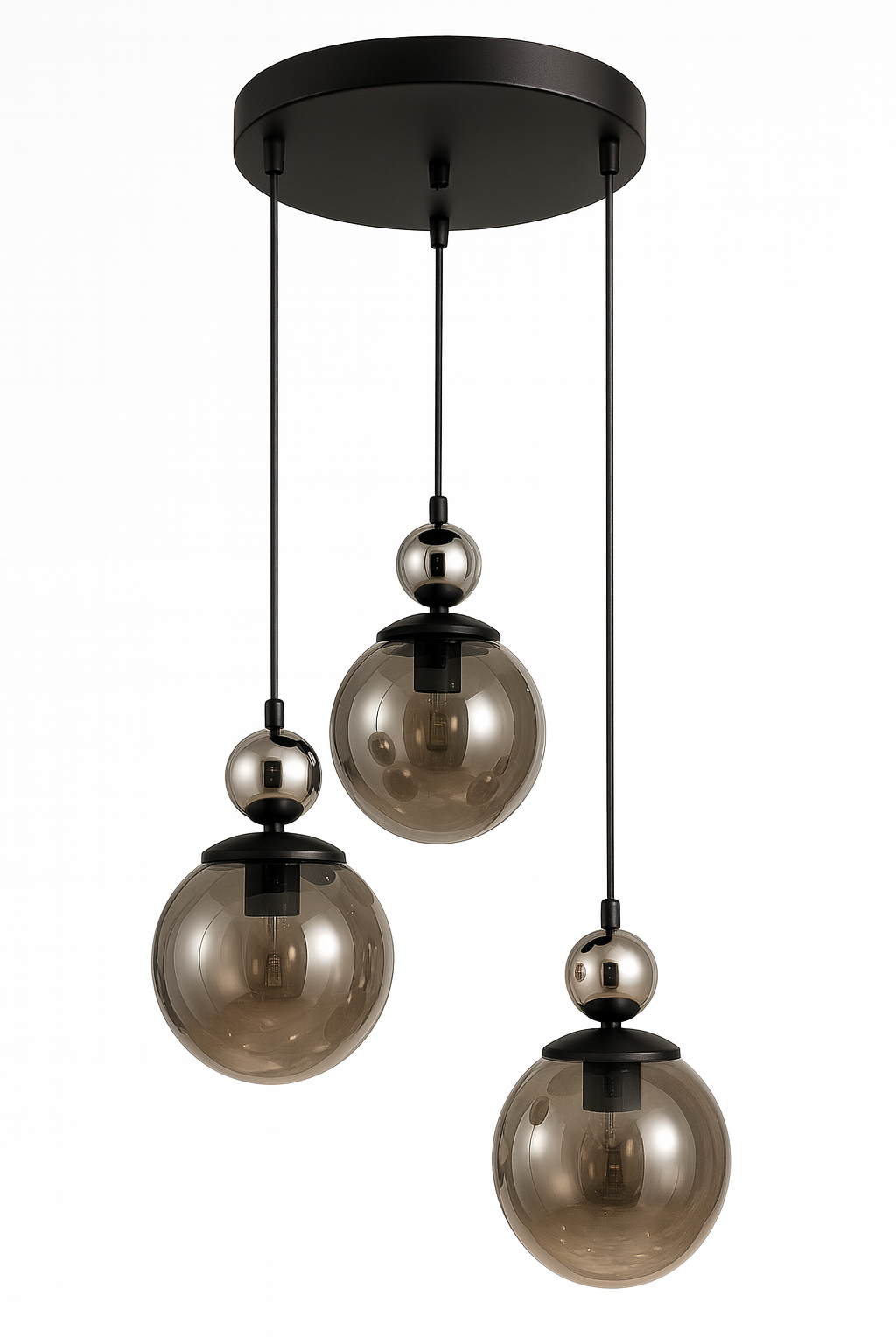 Mira 3'lü Siyah Krom Füme Camlı Sarkıt Avize