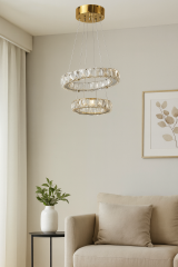 Alfa Gold Kristal Taşlı 3 Renk Işıklı Modern Salon Avize